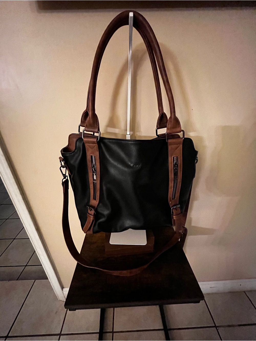 Black and Brown Faux Leather Tote Bag